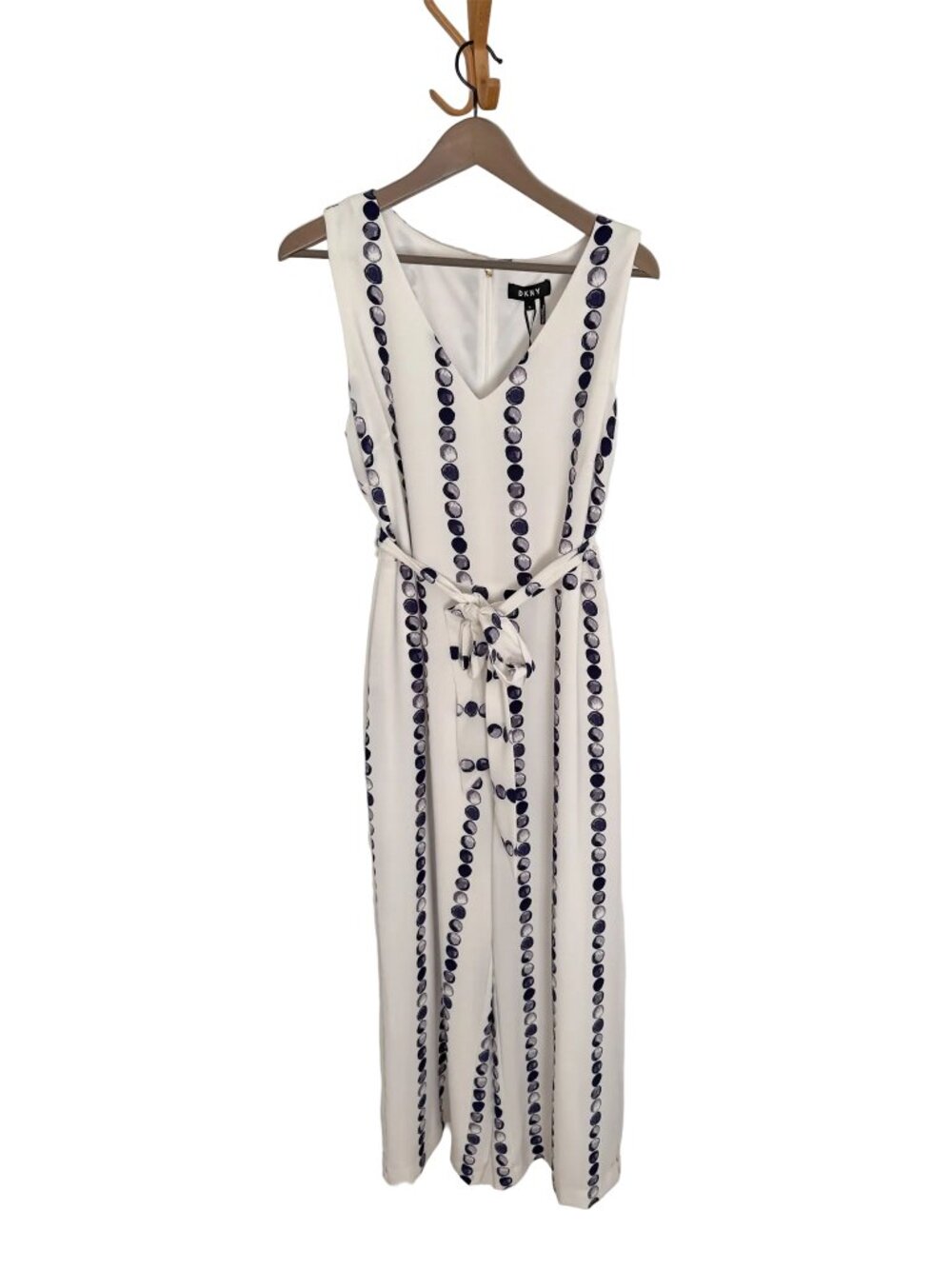NWT DKNY White with Blue Printed Sleeveless Wide Leg Jumpsuit, Size 12 - Picture 2 of 9